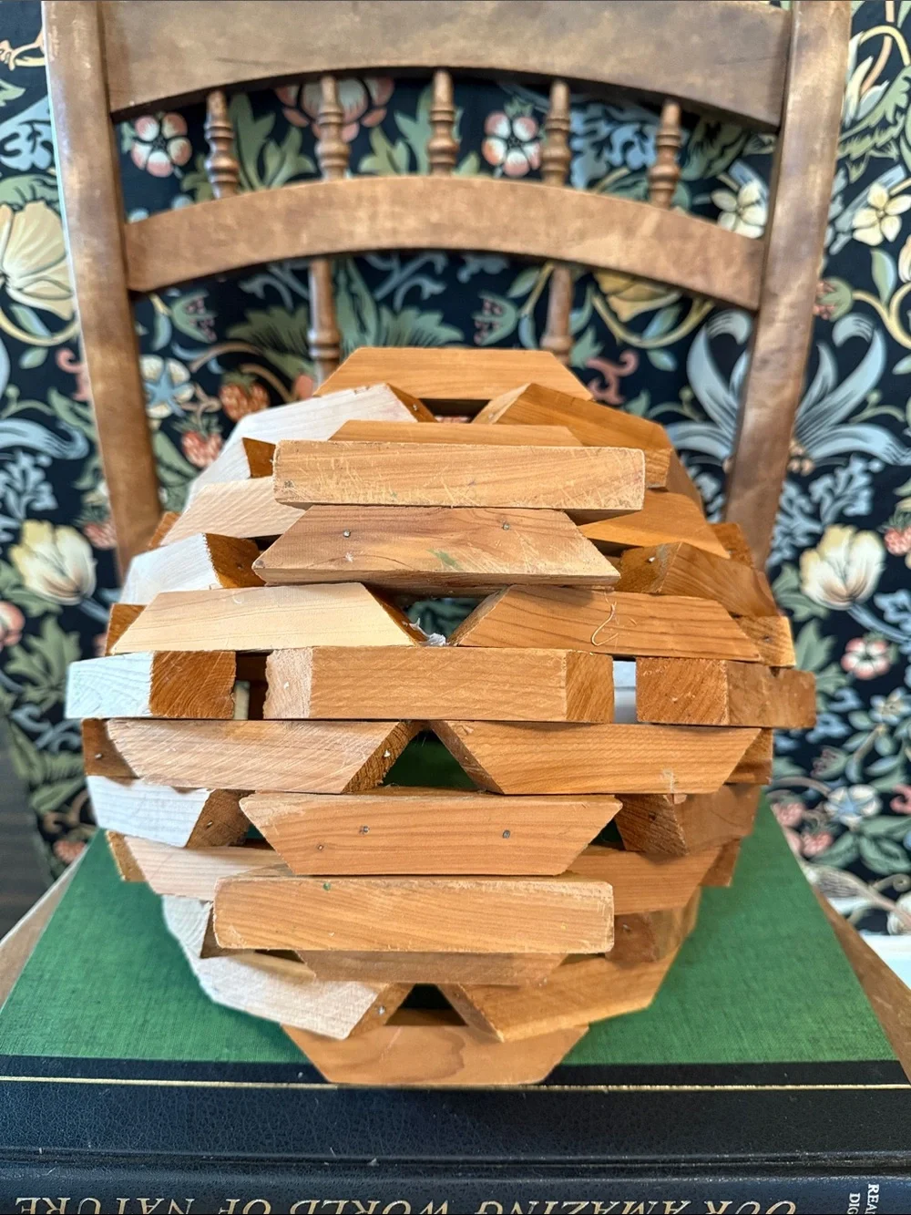 Vintage Mid Century Geometric Wood Basket Planter